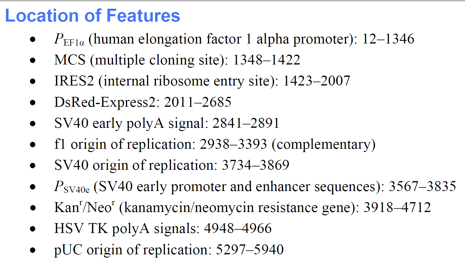 pEF1α-IRES-DsRed-Express2 载体特征