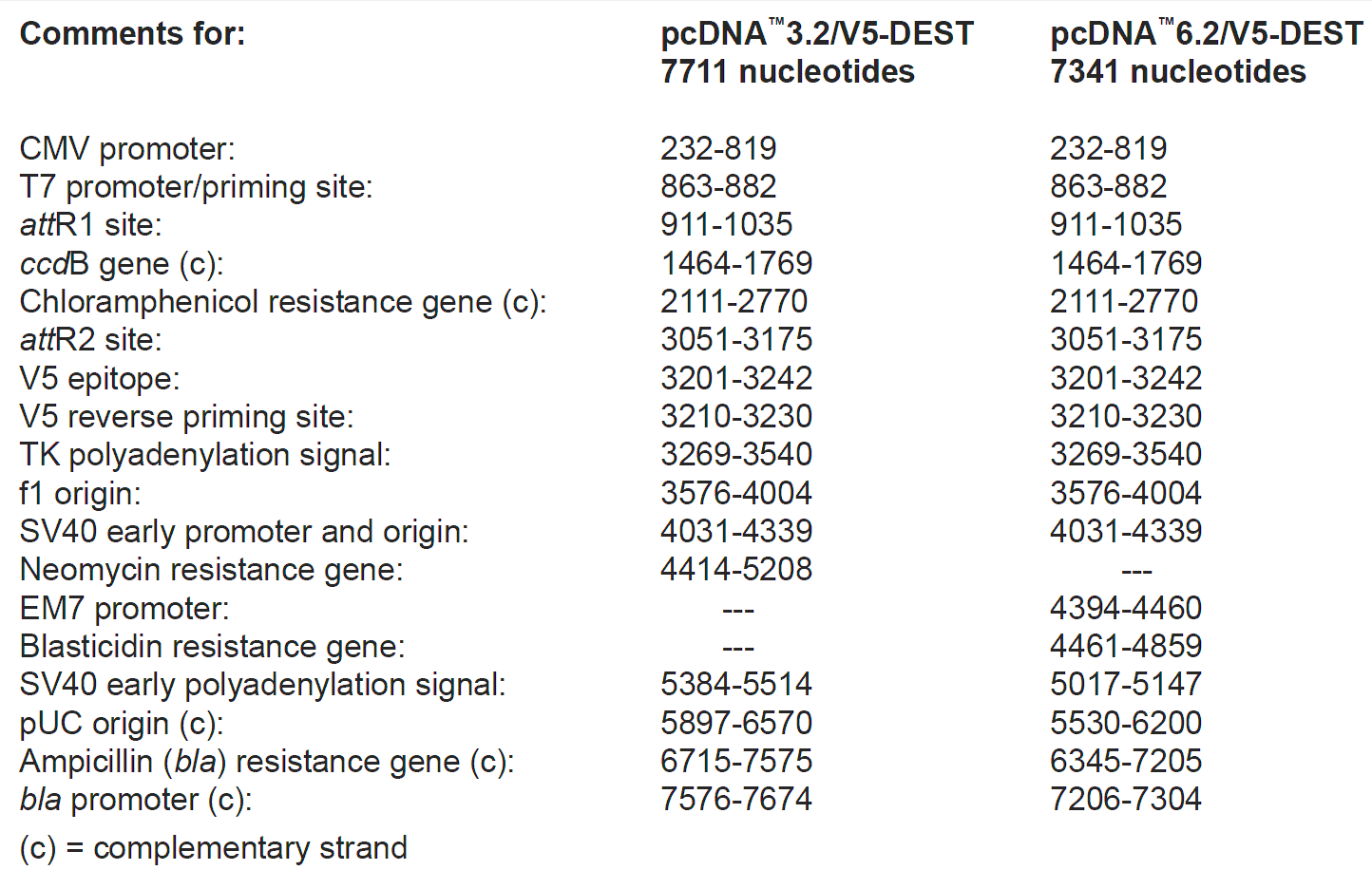 pcDNA3.2-V5-DEST 特征位點(diǎn)